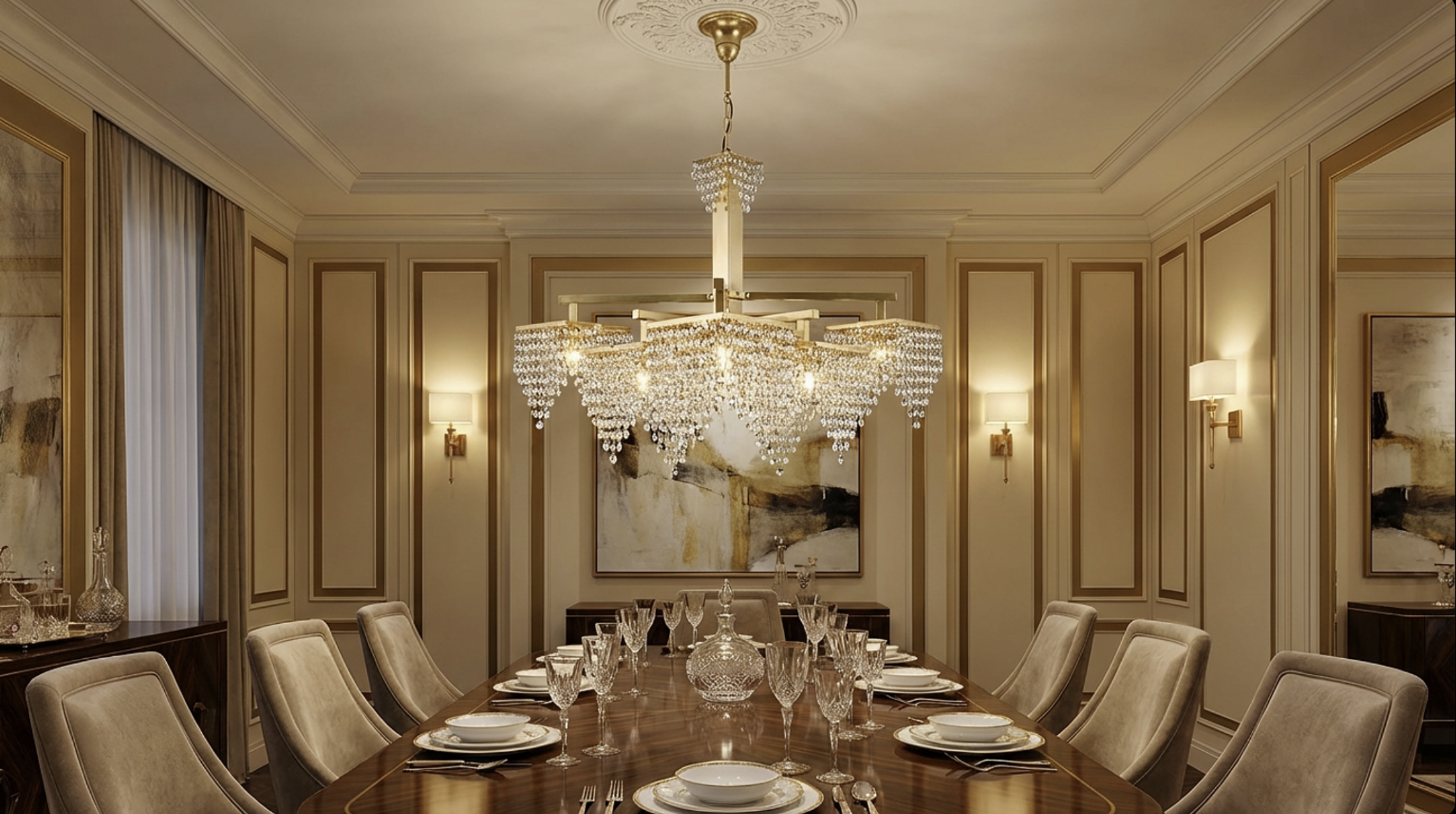 Lampadario Cristallo in Ottone Dorato — sala da pranzo luxury · Lumina Forge AI