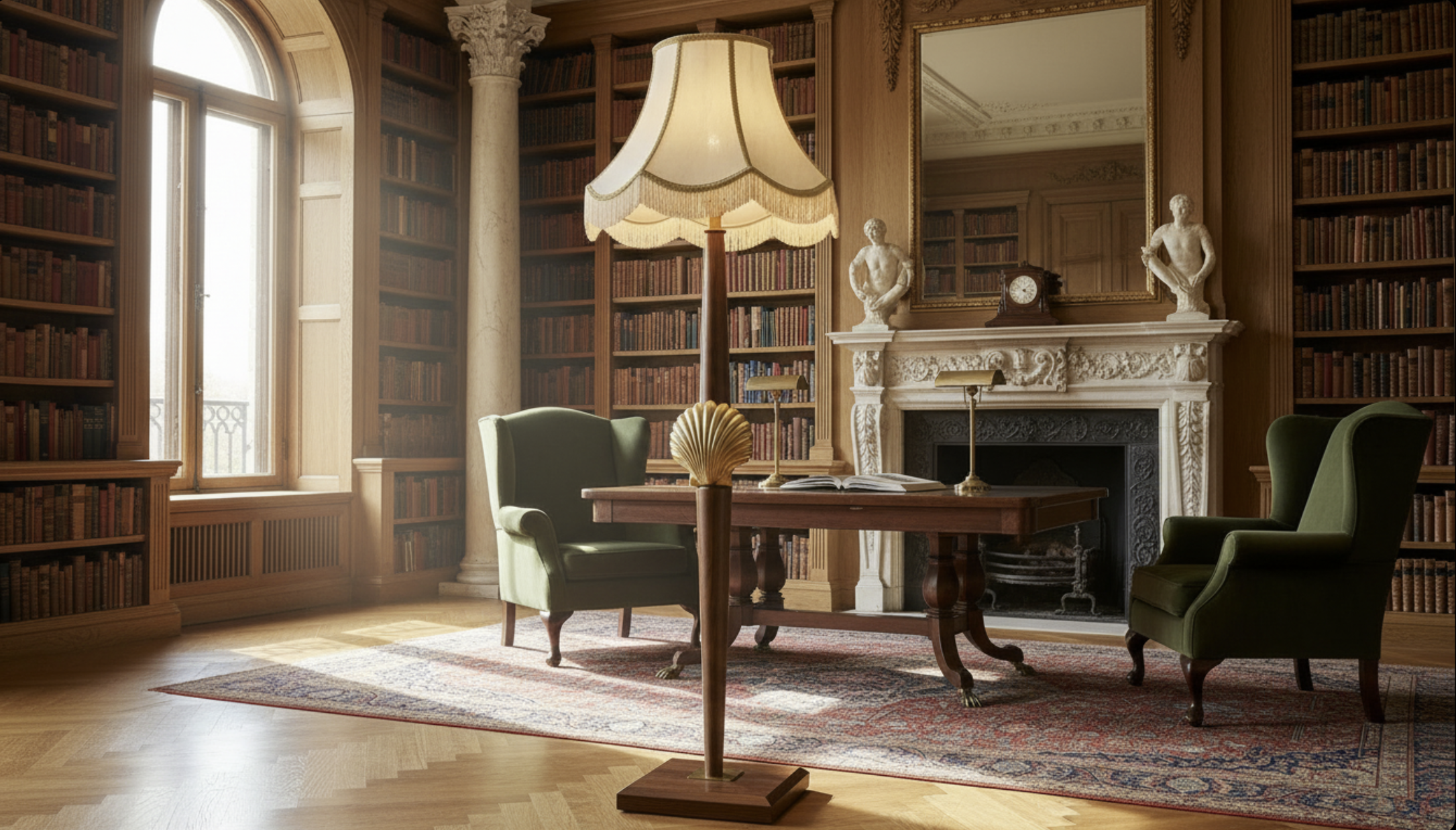 Piantana Noce con Conchiglia in Ottone — render fotorealistico, biblioteca classica · Lumina Forge AI