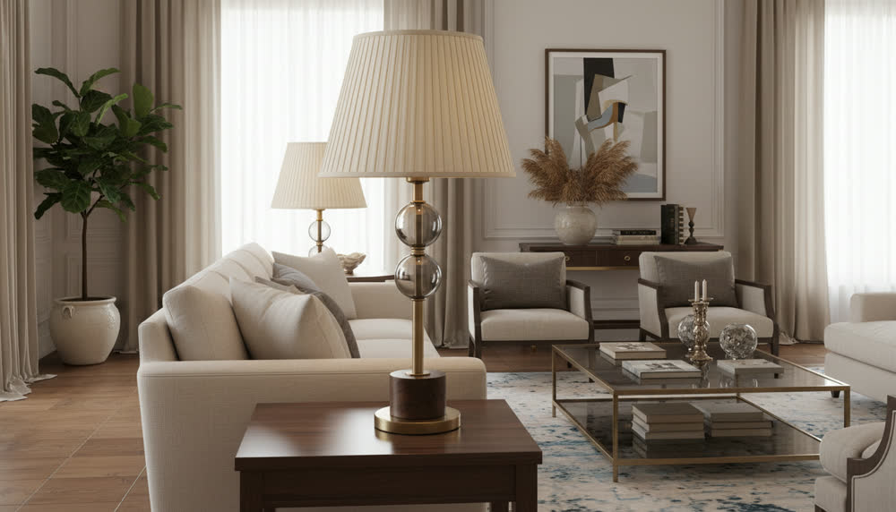 Render fotorealistico ambientato di «Sfere Fumé — Paralume in Ponge Plissettato», in Vetro fumé — illuminazione su misura Made in Italy