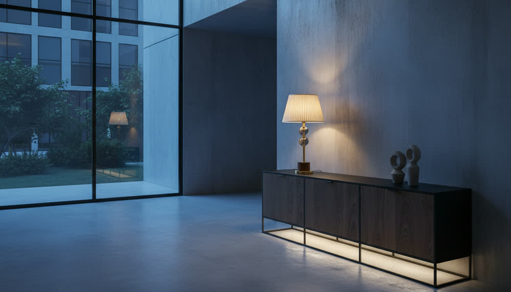 Render fotorealistico ambientato di «Sfere Fumé — Paralume in Ponge Plissettato», in Vetro fumé — illuminazione su misura Made in Italy