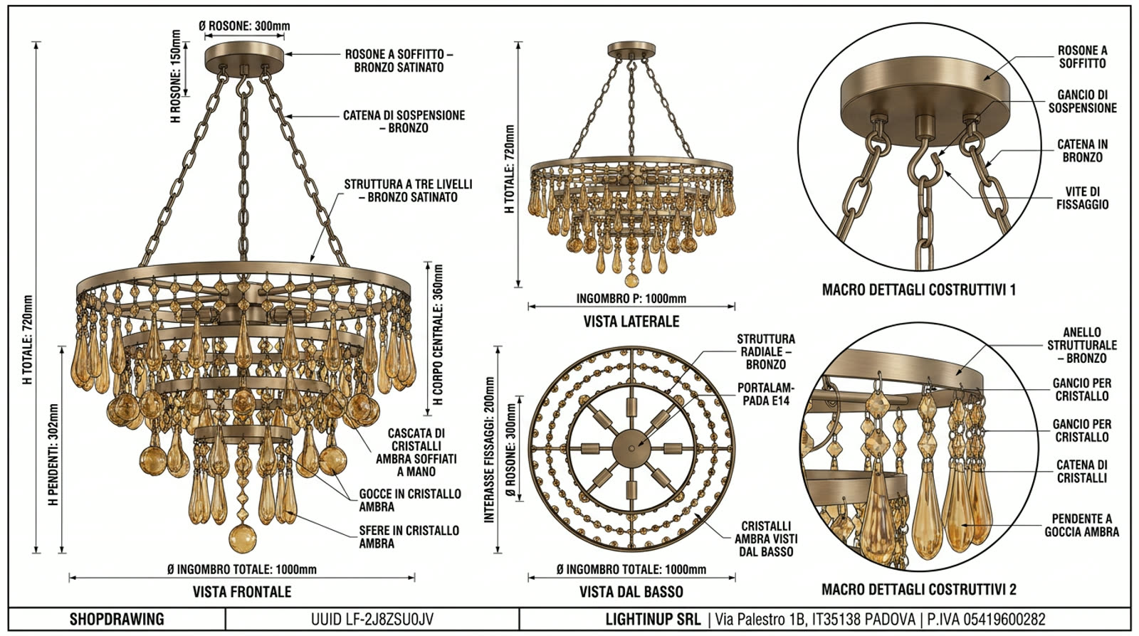 Disegno tecnico quotato di «Cascata a Tre Livelli — Cristallo Ambra», shop drawing con distinta base, in Cristallo ambra — generato da Lumina Forge