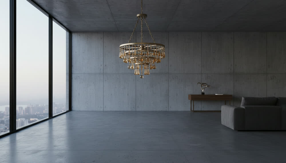 Render fotorealistico ambientato di «Cascata a Tre Livelli — Cristallo Ambra», in Cristallo ambra — illuminazione su misura Made in Italy