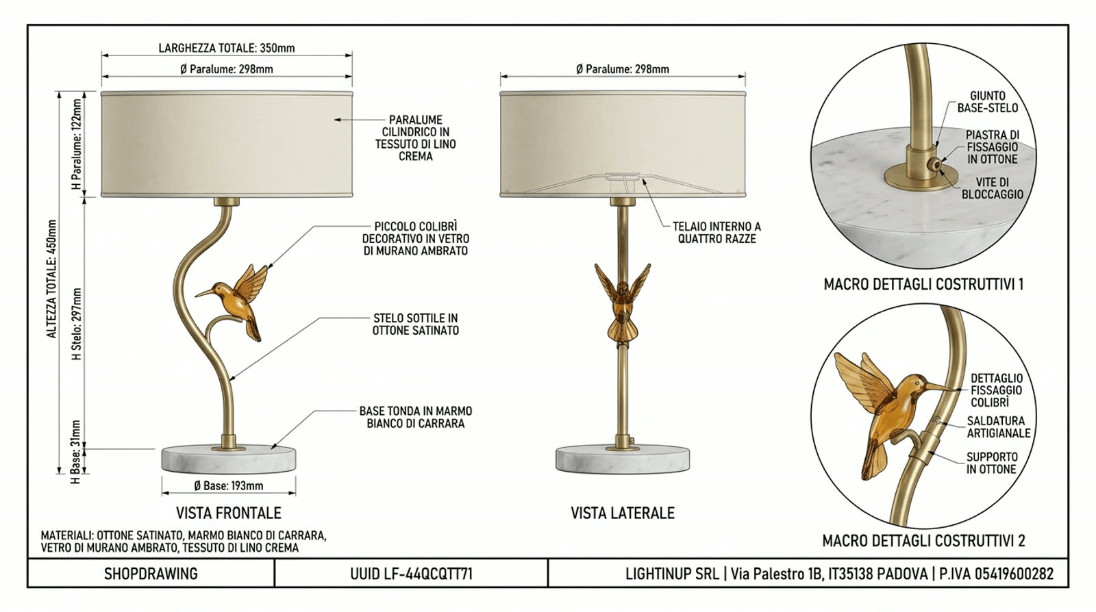 Disegno tecnico quotato di «Colibrì su Stelo Curvo — Ottone Satinato», shop drawing con distinta base, in Ottone satinato — generato da Lumina Forge