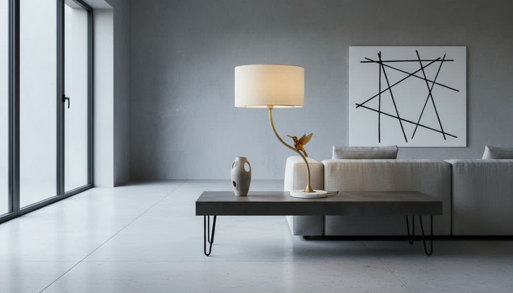 Render fotorealistico ambientato di «Colibrì su Stelo Curvo — Ottone Satinato», in Ottone satinato — illuminazione su misura Made in Italy