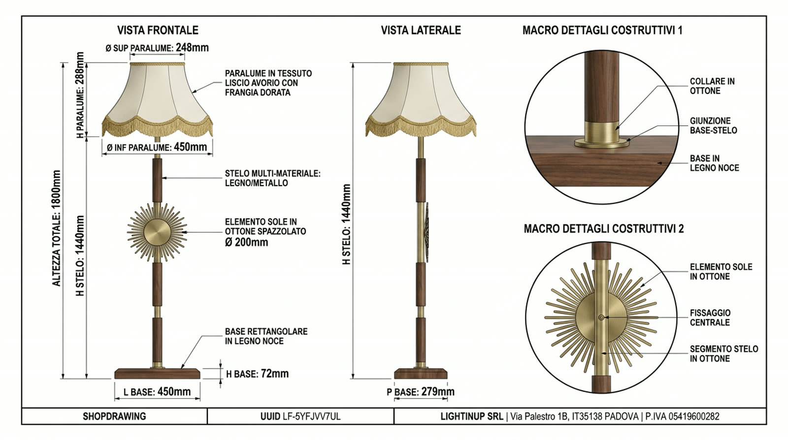 Disegno tecnico quotato di «Stelo a Sole — Ottone Spazzolato e Noce», shop drawing con distinta base, in Noce e ottone — generato da Lumina Forge