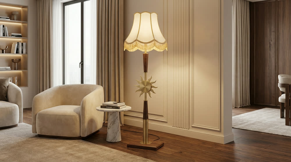 Render fotorealistico ambientato di «Stelo a Sole — Ottone Spazzolato e Noce», in Noce e ottone — illuminazione su misura Made in Italy