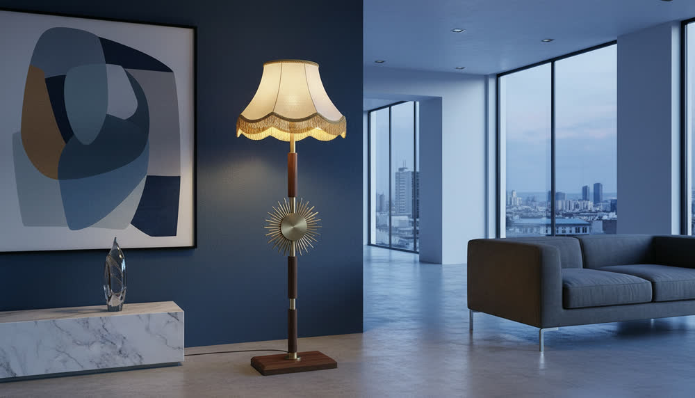 Render fotorealistico ambientato di «Stelo a Sole — Ottone Spazzolato e Noce», in Noce e ottone — illuminazione su misura Made in Italy