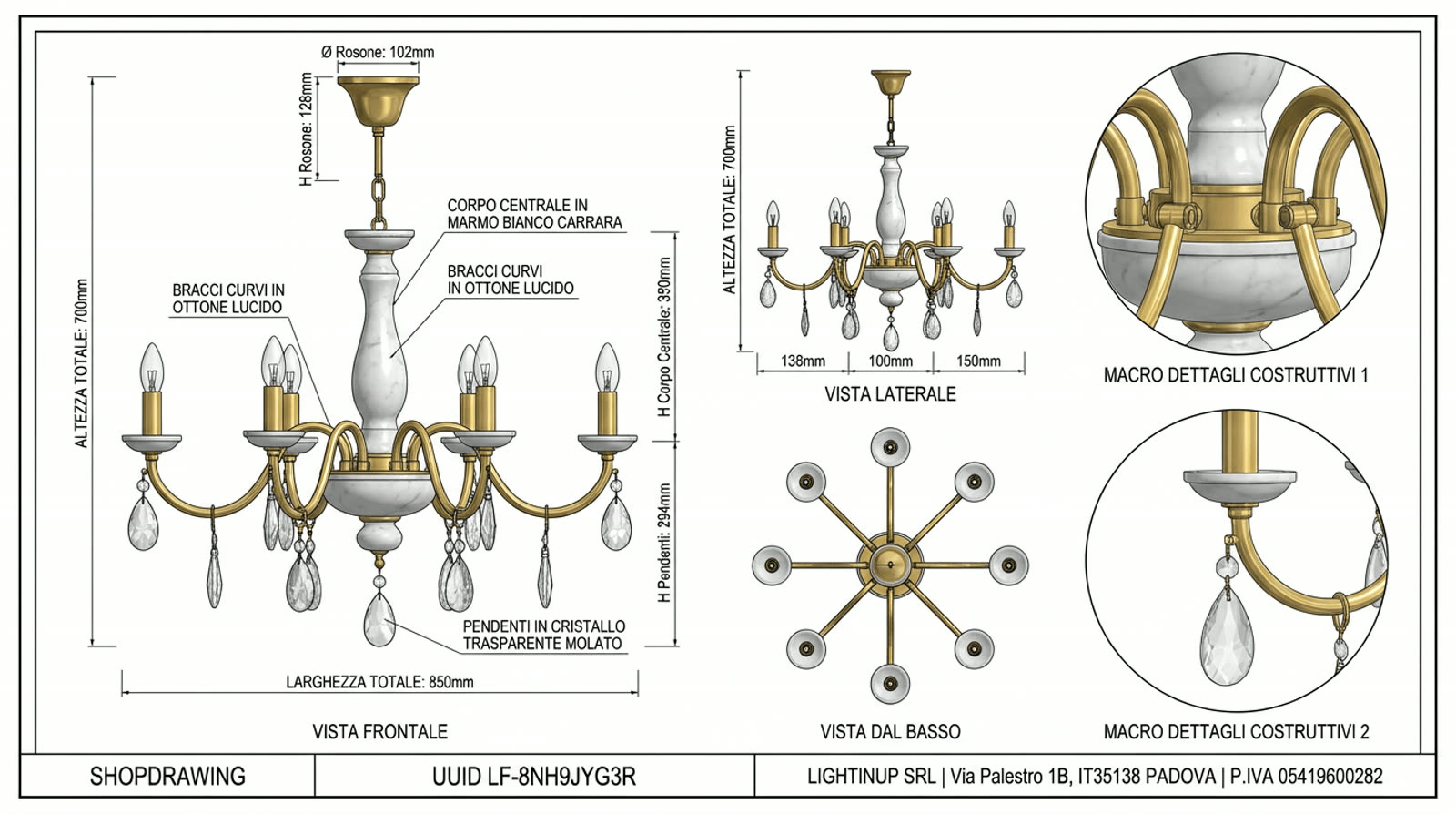Disegno tecnico quotato di «Otto Bracci — Marmo Carrara e Ottone», shop drawing con distinta base, in Marmo Carrara — generato da Lumina Forge