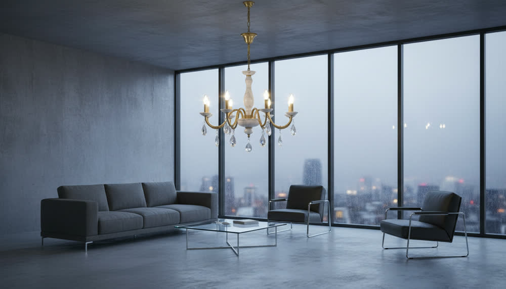Render fotorealistico ambientato di «Otto Bracci — Marmo Carrara e Ottone», in Marmo Carrara — illuminazione su misura Made in Italy