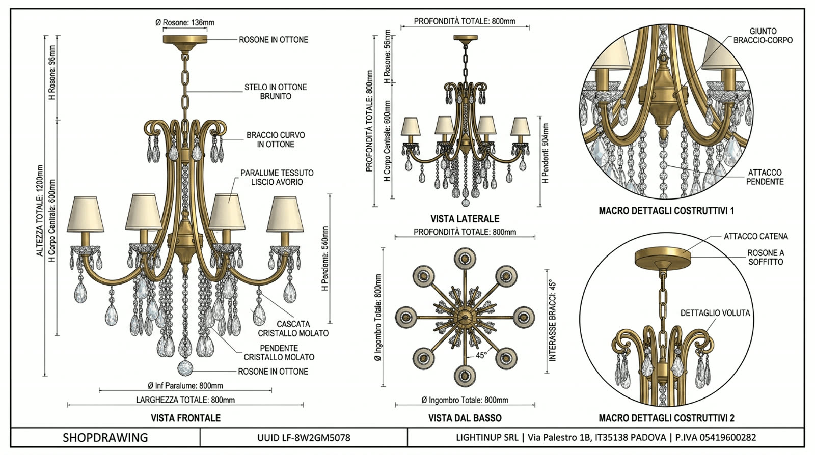 Disegno tecnico quotato di «Cascata di Cristallo — Paralumi Avorio», shop drawing con distinta base, in Ottone brunito — generato da Lumina Forge