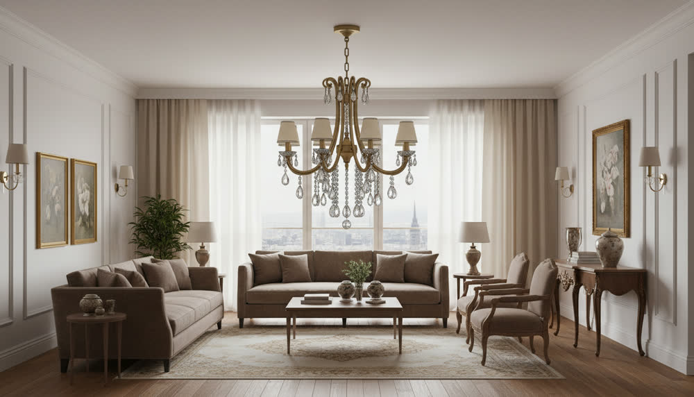 Render fotorealistico ambientato di «Cascata di Cristallo — Paralumi Avorio», in Ottone brunito — illuminazione su misura Made in Italy