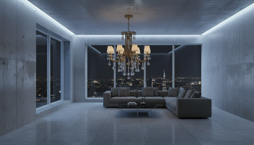 Render fotorealistico ambientato di «Cascata di Cristallo — Paralumi Avorio», in Ottone brunito — illuminazione su misura Made in Italy