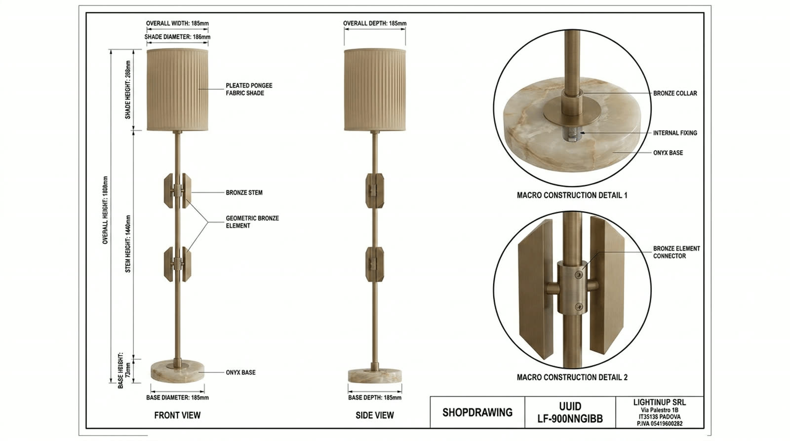 Disegno tecnico quotato di «Stelo a Segmenti — Onice e Bronzo», shop drawing con distinta base, in Onice — generato da Lumina Forge