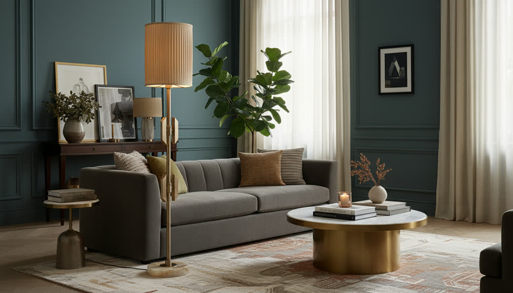 Render fotorealistico ambientato di «Stelo a Segmenti — Onice e Bronzo», in Onice — illuminazione su misura Made in Italy