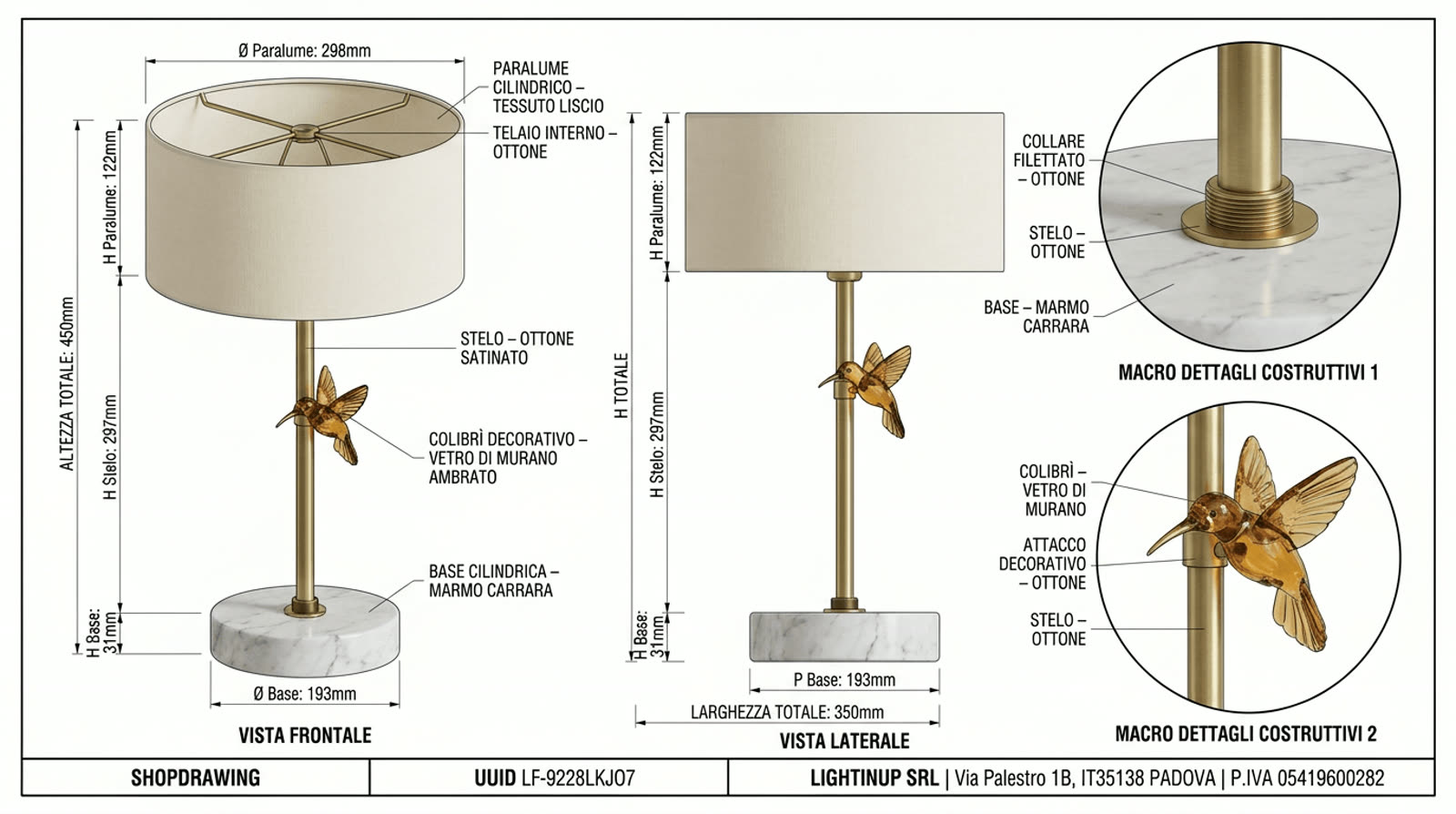 Disegno tecnico quotato di «Colibrì in Vetro Ambra — Base in Carrara», shop drawing con distinta base, in Marmo Carrara — generato da Lumina Forge