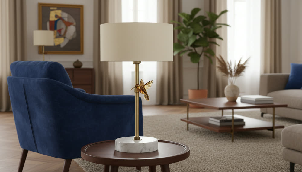 Render fotorealistico ambientato di «Colibrì in Vetro Ambra — Base in Carrara», in Marmo Carrara — illuminazione su misura Made in Italy