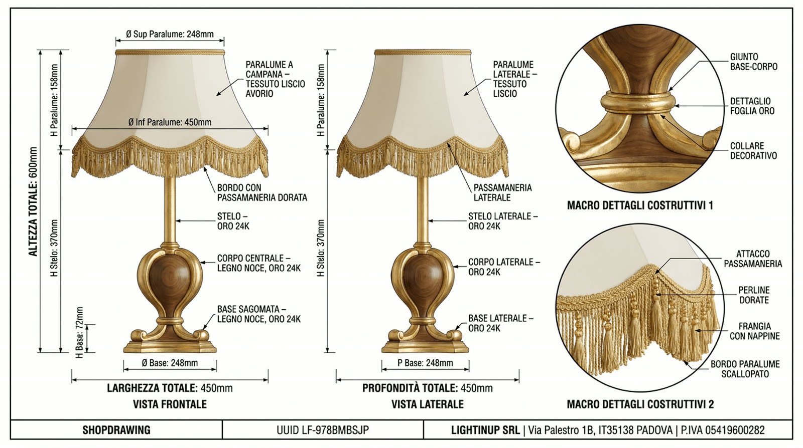 Disegno tecnico quotato di «Campana con Nappine — Foglia Oro su Noce», shop drawing con distinta base, in Passamaneria — generato da Lumina Forge