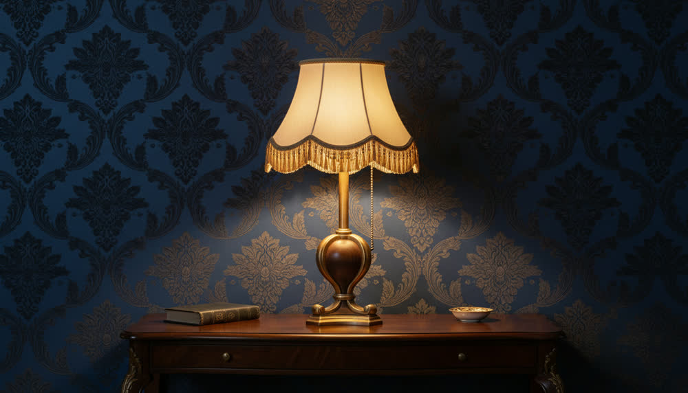Render fotorealistico ambientato di «Campana con Nappine — Foglia Oro su Noce», in Passamaneria — illuminazione su misura Made in Italy