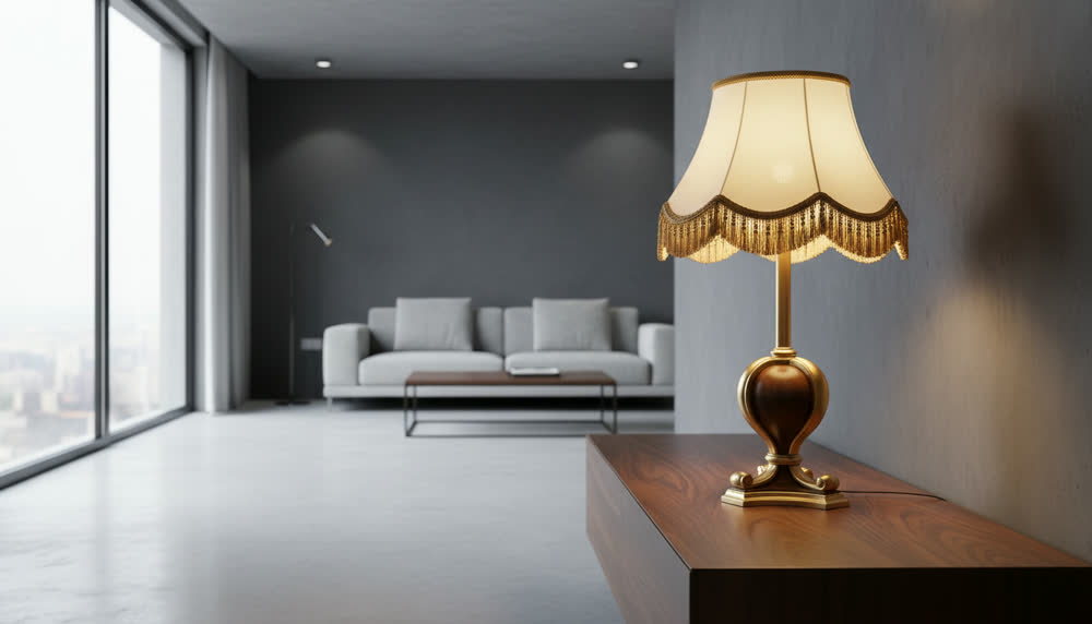 Render fotorealistico ambientato di «Campana con Nappine — Foglia Oro su Noce», in Passamaneria — illuminazione su misura Made in Italy