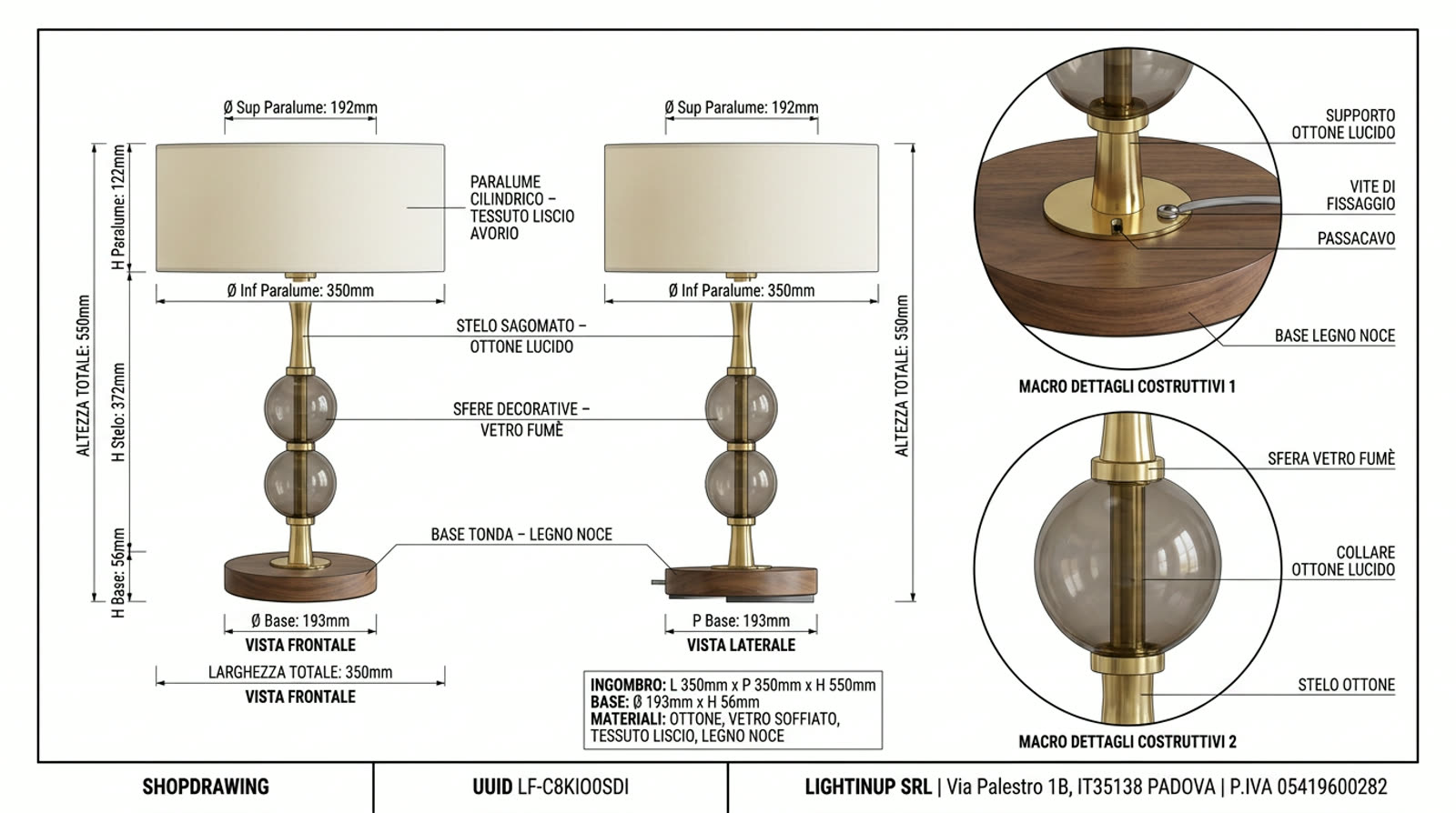 Disegno tecnico quotato di «Sfere Fumé su Base Tonda — Paralume Liscio», shop drawing con distinta base, in Vetro fumé — generato da Lumina Forge