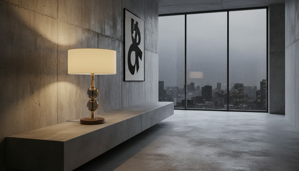 Render fotorealistico ambientato di «Sfere Fumé su Base Tonda — Paralume Liscio», in Vetro fumé — illuminazione su misura Made in Italy