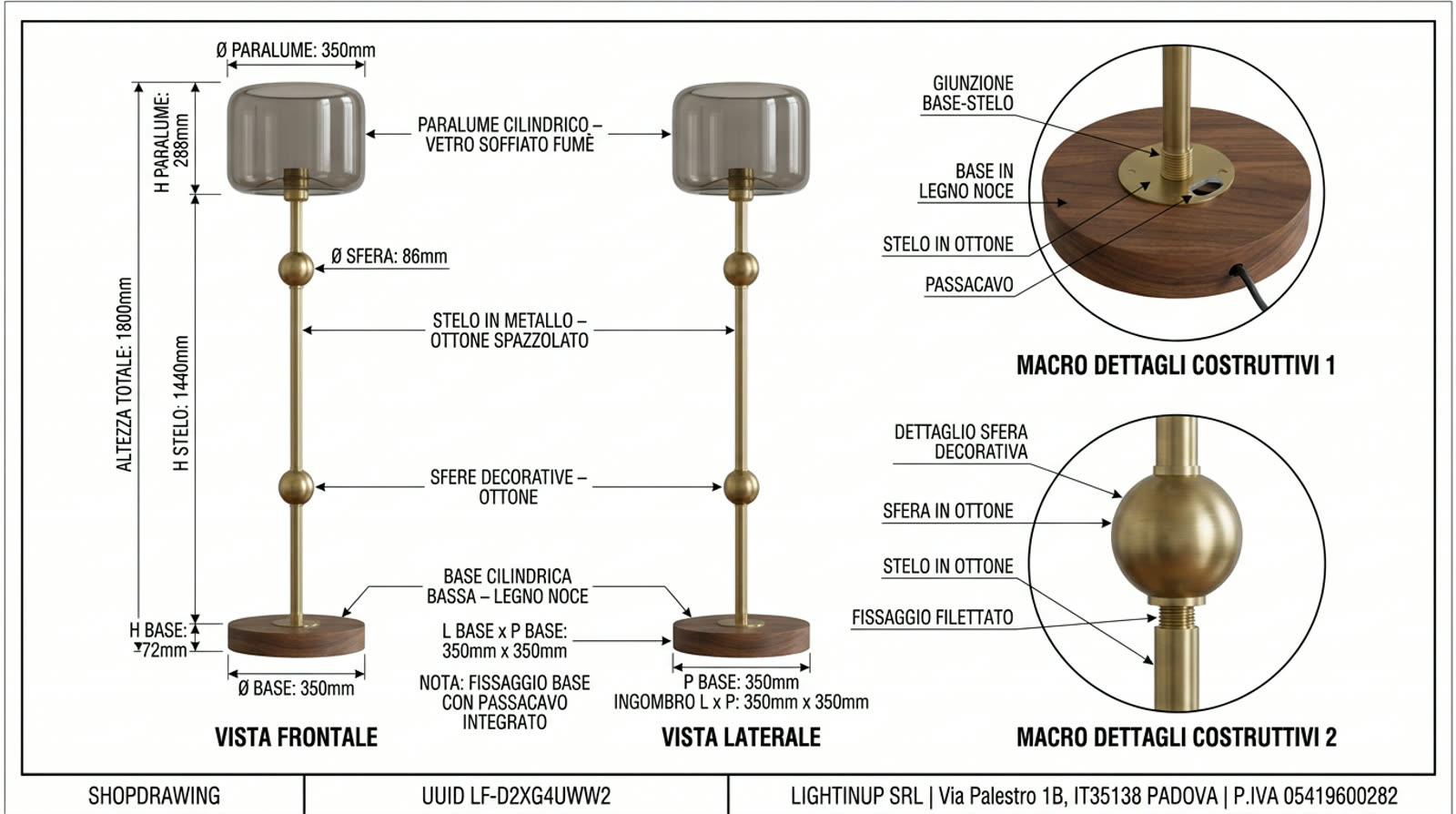 Disegno tecnico quotato di «Piantana in Vetro Fumé — Ottone Spazzolato e Noce», shop drawing con distinta base, in Vetro fumé — generato da Lumina Forge