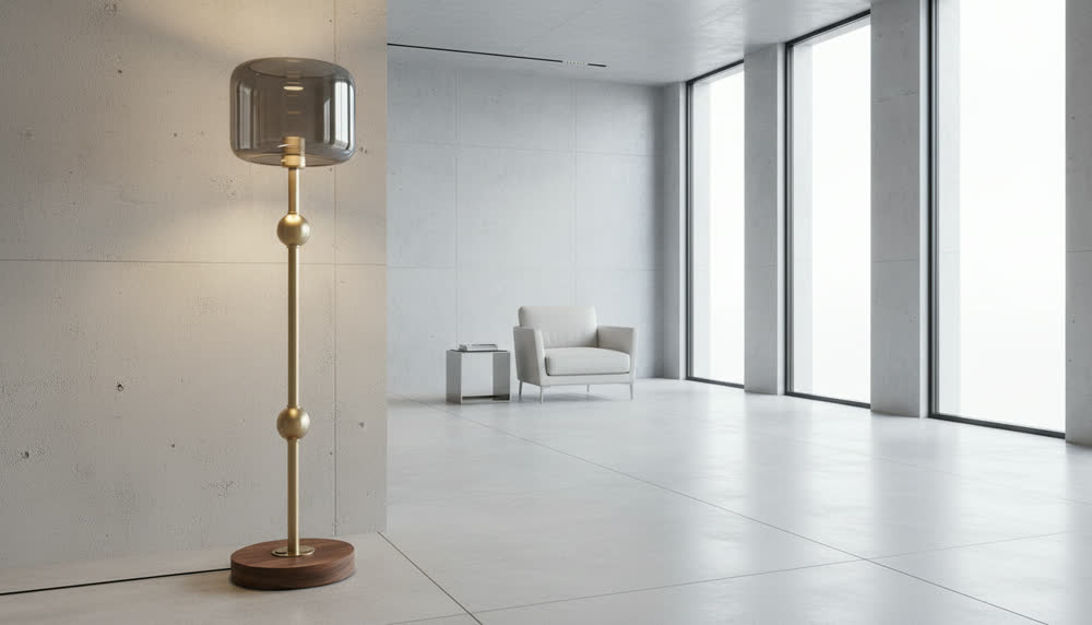 Render fotorealistico ambientato di «Piantana in Vetro Fumé — Ottone Spazzolato e Noce», in Vetro fumé — illuminazione su misura Made in Italy