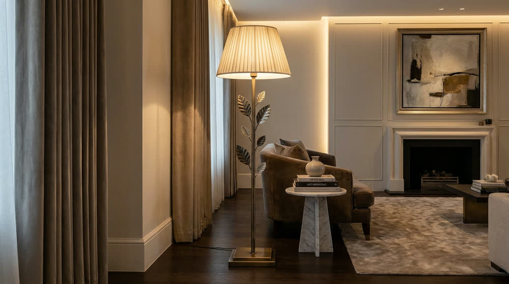 Render fotorealistico ambientato di «Foglie Saldate — Paralume Plissettato a Mano», in Ottone brunito — illuminazione su misura Made in Italy