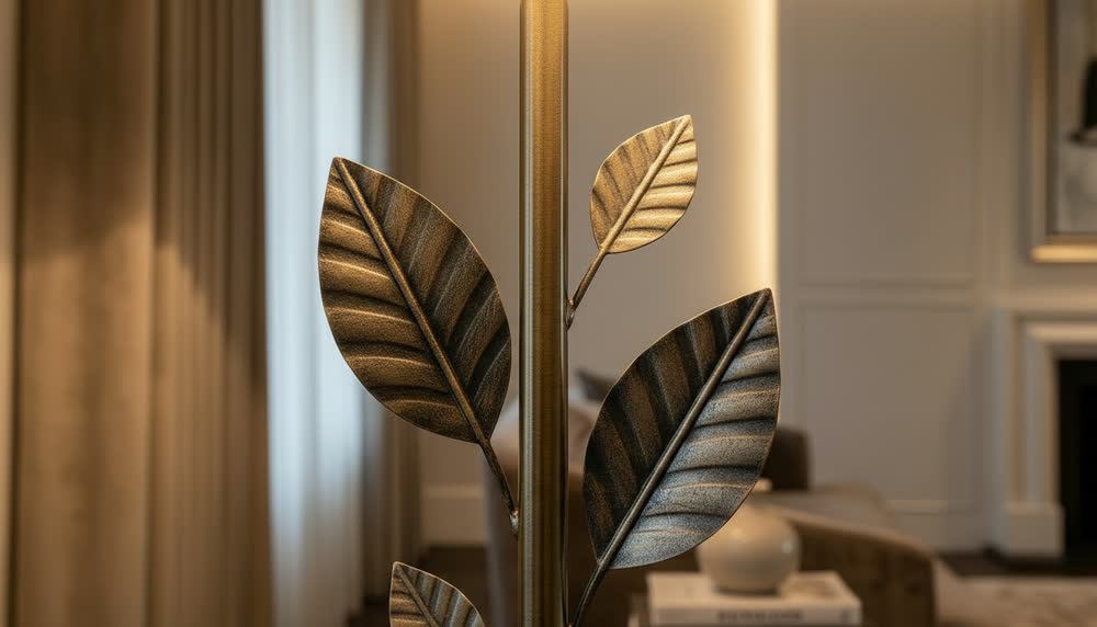 Render fotorealistico ambientato di «Foglie Saldate — Paralume Plissettato a Mano», in Ottone brunito — illuminazione su misura Made in Italy