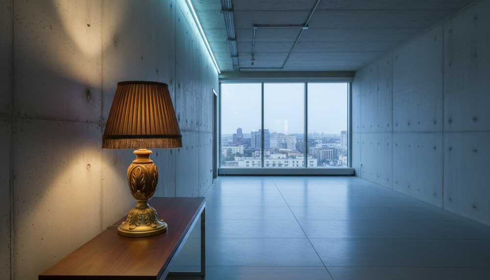 Render fotorealistico ambientato di «Intaglio a Foglia Oro — Paralume con Frangia», in Noce intagliato — illuminazione su misura Made in Italy