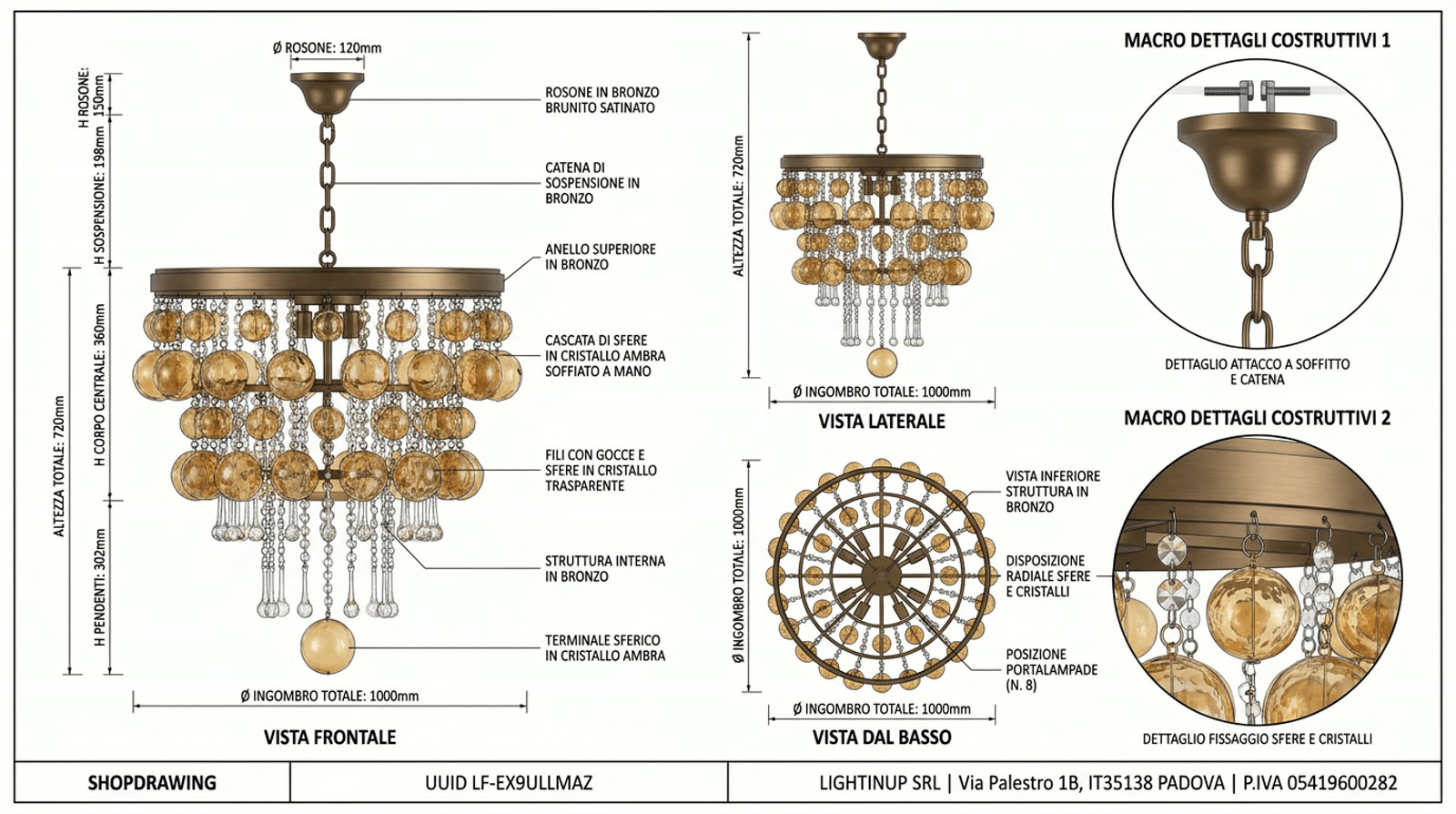 Disegno tecnico quotato di «Sfere Ambra Soffiate — Otto Luci», shop drawing con distinta base, in Cristallo ambra — generato da Lumina Forge