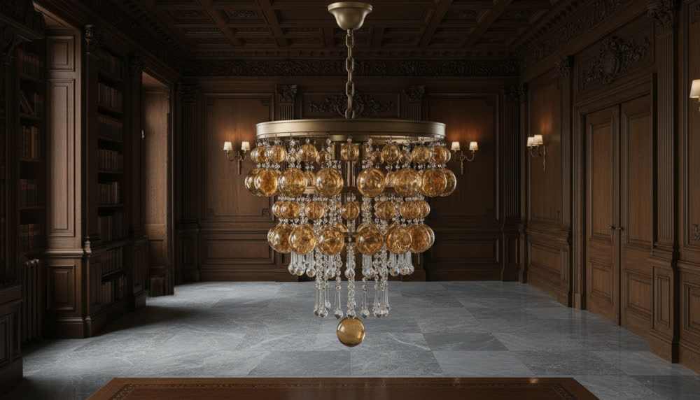 Render fotorealistico ambientato di «Sfere Ambra Soffiate — Otto Luci», in Cristallo ambra — illuminazione su misura Made in Italy