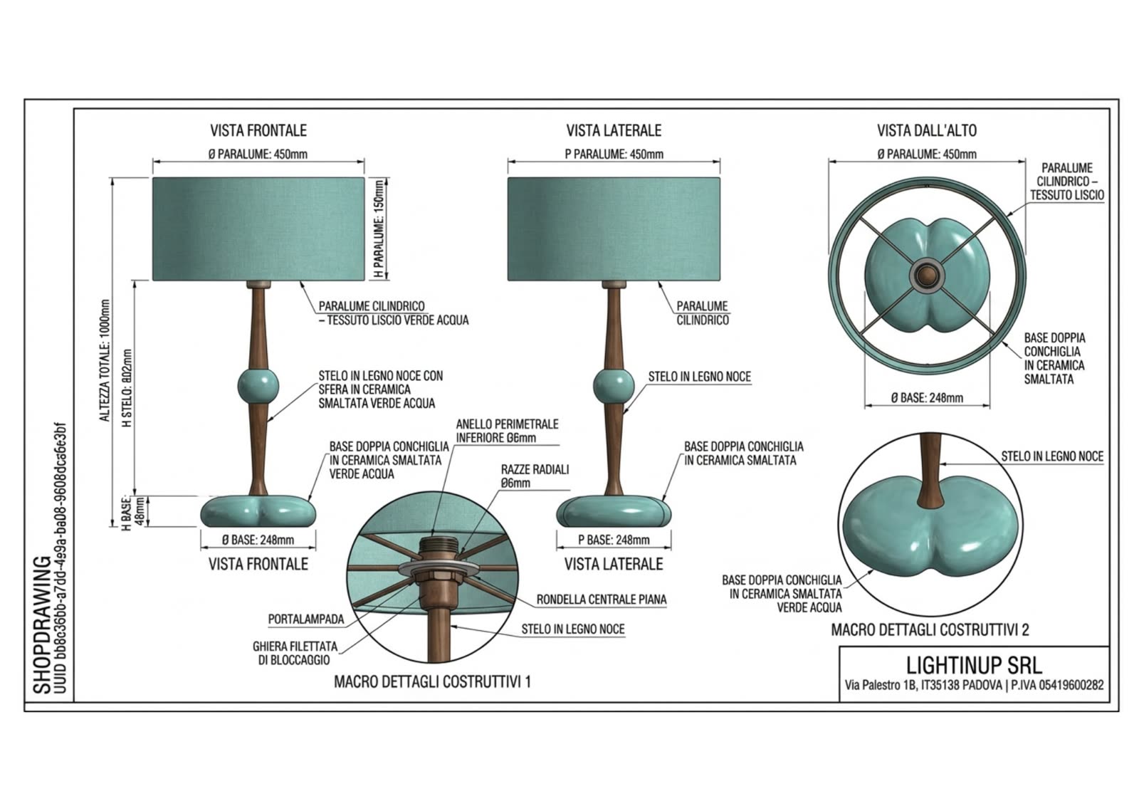 Disegno tecnico quotato di «Lampada Ceramica — Paralume Semi-trasparente», shop drawing con distinta base, in Ceramica, Legno, Vetro — generato da Lumina Forge