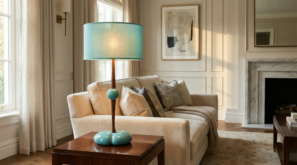 Render fotorealistico ambientato di «Lampada Ceramica — Paralume Semi-trasparente», in Ceramica, Legno, Vetro — illuminazione su misura Made in Italy