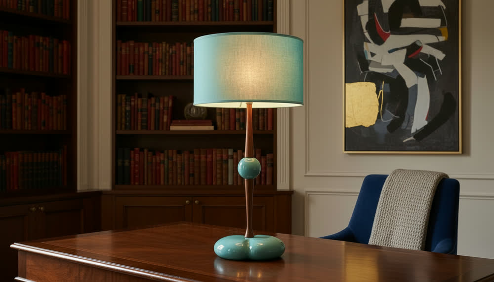 Render fotorealistico ambientato di «Lampada Ceramica — Paralume Semi-trasparente», in Ceramica, Legno, Vetro — illuminazione su misura Made in Italy