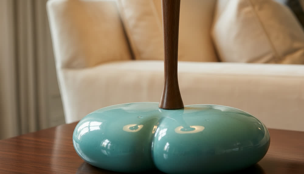Render fotorealistico ambientato di «Lampada Ceramica — Paralume Semi-trasparente», in Ceramica, Legno, Vetro — illuminazione su misura Made in Italy