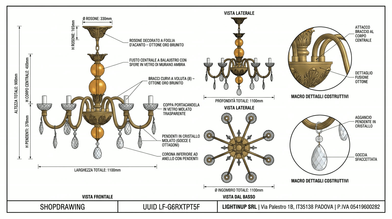 Disegno tecnico quotato di «Otto Bracci a Voluta — Vetro Ambra e Cristallo», shop drawing con distinta base, in Vetro ambra — generato da Lumina Forge