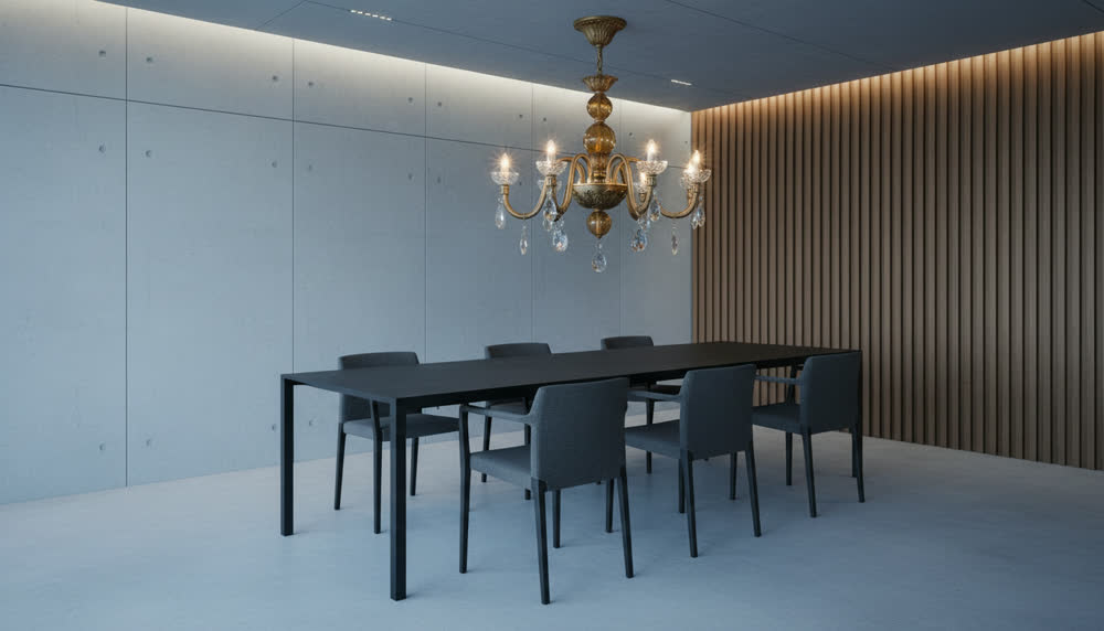 Render fotorealistico ambientato di «Otto Bracci a Voluta — Vetro Ambra e Cristallo», in Vetro ambra — illuminazione su misura Made in Italy