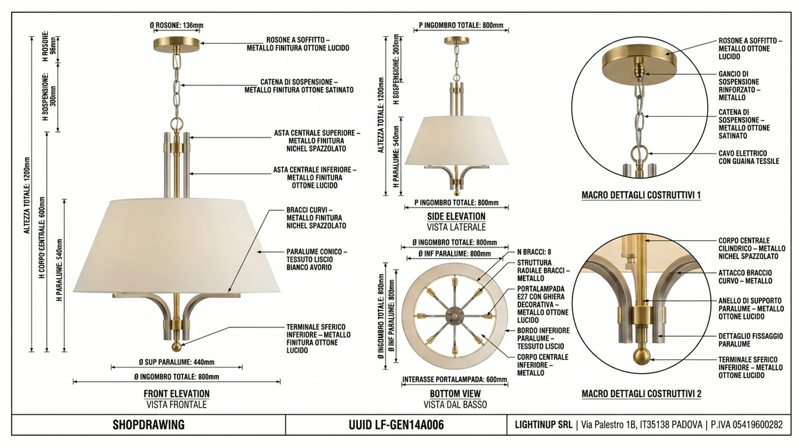Disegno tecnico quotato di «Bracci Curvi sotto Paralume — Nichel Spazzolato», shop drawing con distinta base, in Nichel spazzolato — generato da Lumina Forge