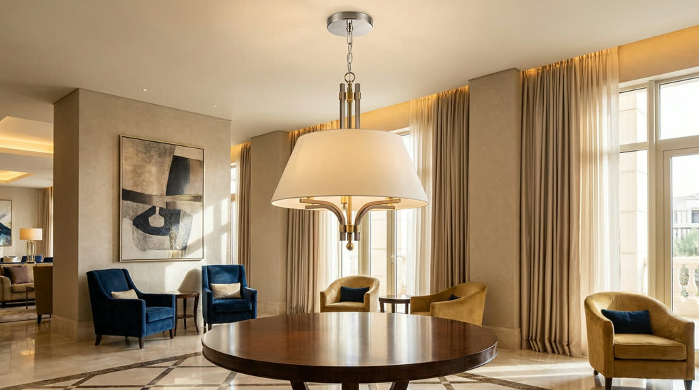 Render fotorealistico ambientato di «Bracci Curvi sotto Paralume — Nichel Spazzolato», in Nichel spazzolato — illuminazione su misura Made in Italy