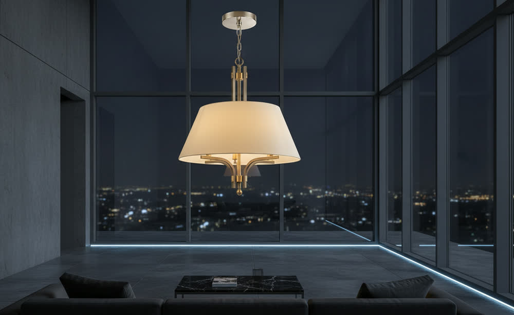 Render fotorealistico ambientato di «Bracci Curvi sotto Paralume — Nichel Spazzolato», in Nichel spazzolato — illuminazione su misura Made in Italy