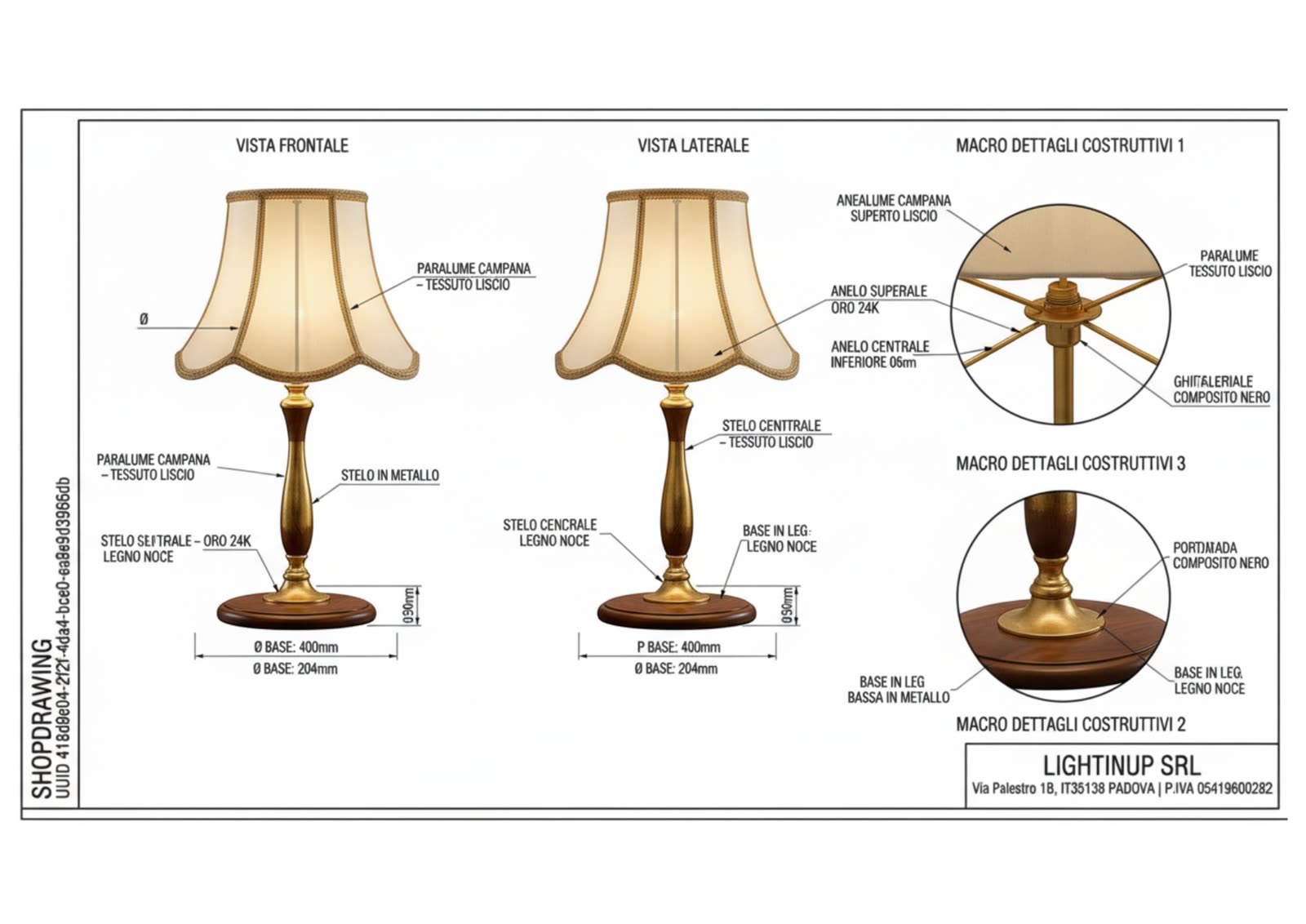 Disegno tecnico quotato di «Lampada Liberty — Foglia Oro, Paralume Avorio», shop drawing con distinta base, in Legno, Foglia Oro, Avorio — generato da Lumina Forge