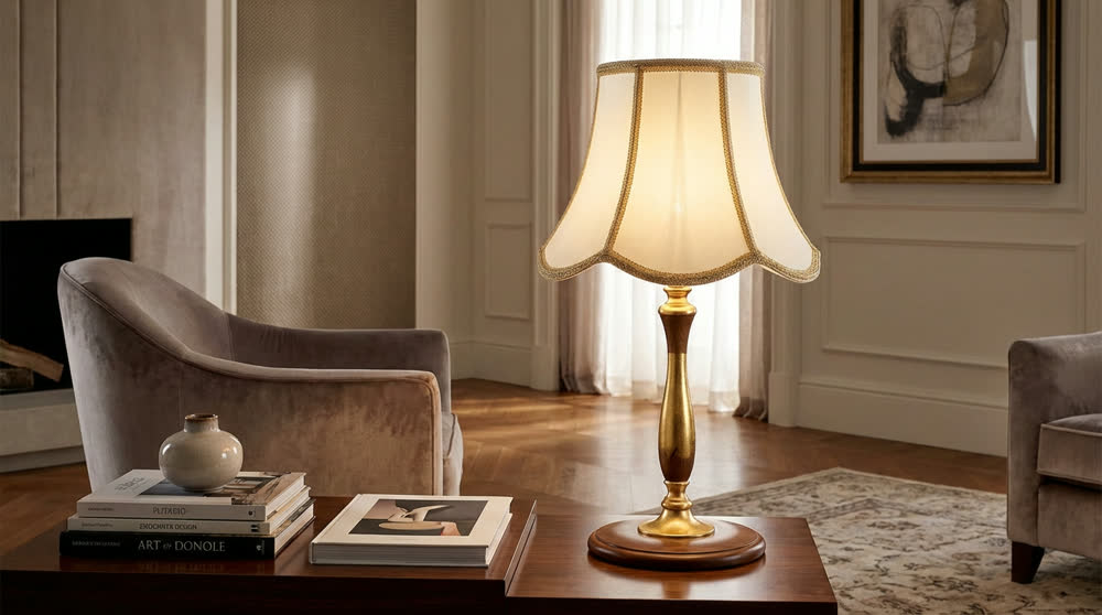 Render fotorealistico ambientato di «Lampada Liberty — Foglia Oro, Paralume Avorio», in Legno, Foglia Oro, Avorio — illuminazione su misura Made in Italy