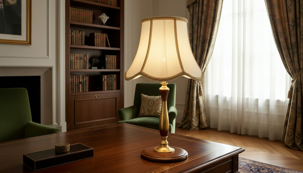 Render fotorealistico ambientato di «Lampada Liberty — Foglia Oro, Paralume Avorio», in Legno, Foglia Oro, Avorio — illuminazione su misura Made in Italy