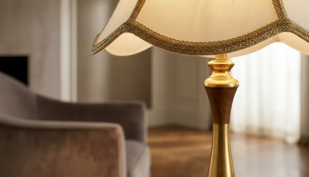 Render fotorealistico ambientato di «Lampada Liberty — Foglia Oro, Paralume Avorio», in Legno, Foglia Oro, Avorio — illuminazione su misura Made in Italy