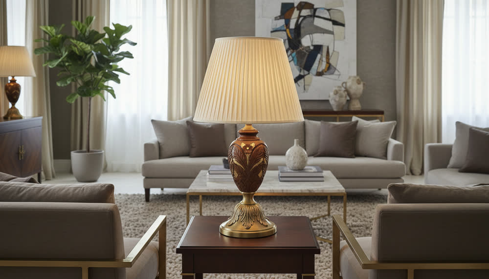 Render fotorealistico ambientato di «Noce Intagliato — Paralume Plissettato Avorio», in Noce intagliato — illuminazione su misura Made in Italy