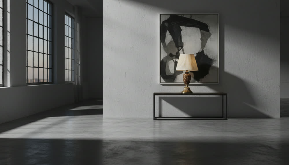 Render fotorealistico ambientato di «Noce Intagliato — Paralume Plissettato Avorio», in Noce intagliato — illuminazione su misura Made in Italy