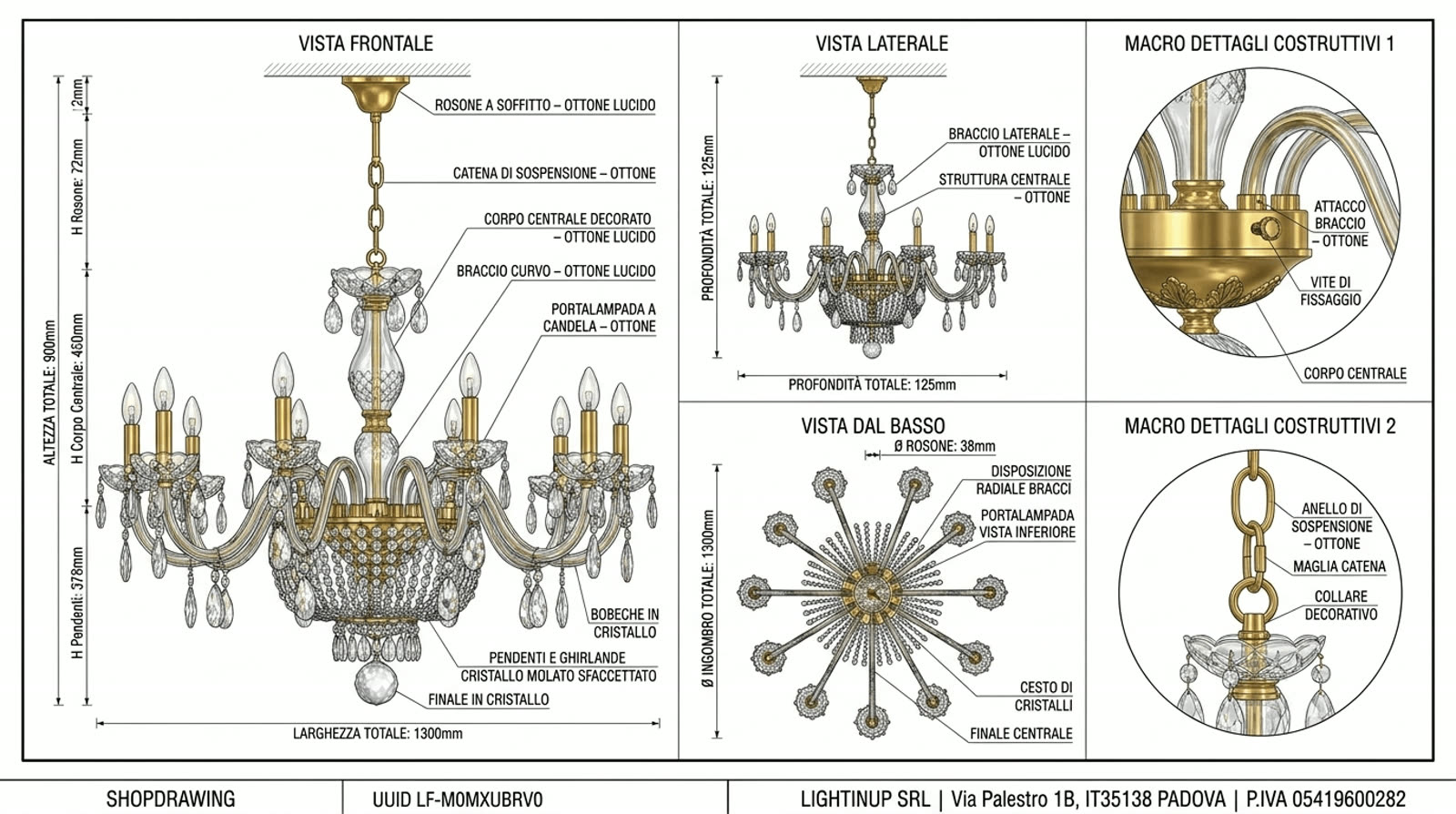 Disegno tecnico quotato di «Maria Teresa — Cristallo Molato, 12 Luci», shop drawing con distinta base, in Cristallo — generato da Lumina Forge