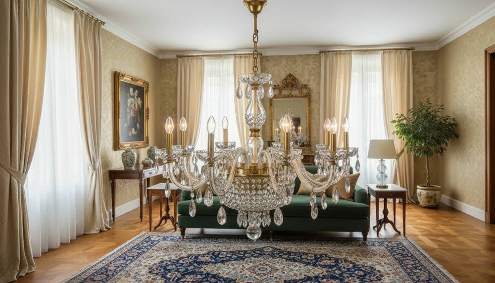 Render fotorealistico ambientato di «Maria Teresa — Cristallo Molato, 12 Luci», in Cristallo — illuminazione su misura Made in Italy