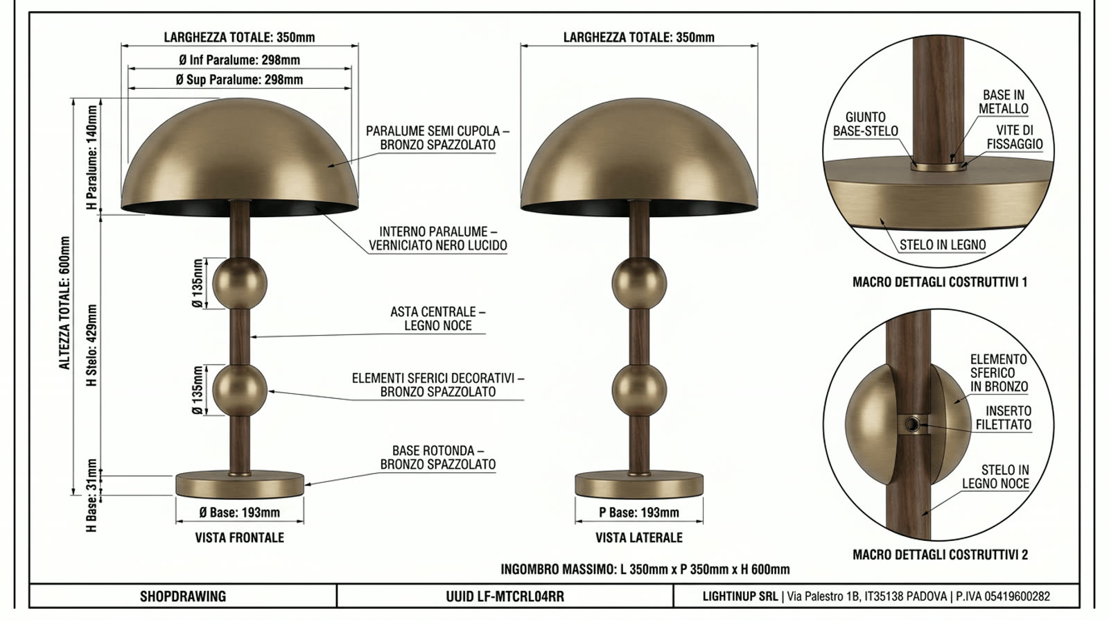 Disegno tecnico quotato di «Cupola in Bronzo — Sfere sull'Asta», shop drawing con distinta base, in Bronzo spazzolato — generato da Lumina Forge